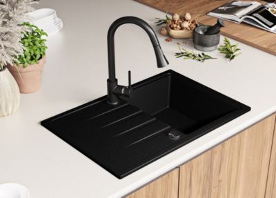 PRIMAGRAN Evier Cuisine en Granit Noir 78x50cm, Lavabo 1 bac + Kit de Vidage, Évier à Encastrer au meuble 45cm - Milan