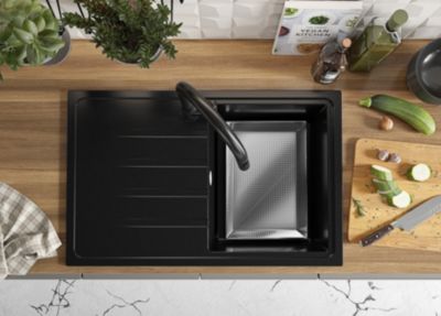 PRIMAGRAN Evier Cuisine en Granit Noir 78x50cm, Lavabo 1 bac + Kit de Vidage, Évier à Encastrer au meuble 45cm - Milan