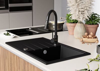 PRIMAGRAN Evier Cuisine en Granit Noir 78x50cm, Lavabo 1 bac + Kit de Vidage, Évier à Encastrer au meuble 45cm - Milan