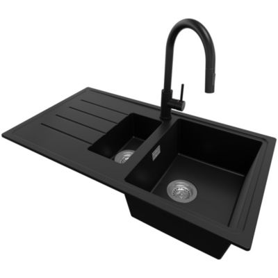 PRIMAGRAN Evier Cuisine en Granit Noir 90x50cm, Lavabo 1,5 bacs + Kit de Vidage + Accessoires, Évier à Encastrer au meuble 60cm