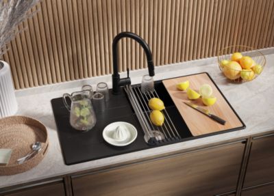 PRIMAGRAN Evier Cuisine en Granit Noir 90x50cm, Lavabo 1 bac + Kit de Vidage + Accessoires, Évier à Encastrer au meuble 60cm