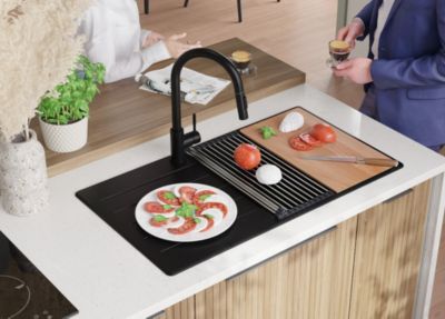 PRIMAGRAN Evier Cuisine en Granit Noir 90x50cm, Lavabo 1 bac + Kit de Vidage + Accessoires, Évier à Encastrer au meuble 60cm
