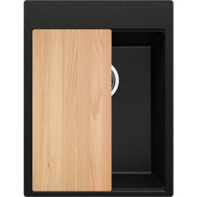 PRIMAGRAN Evier Cuisine en Granit Noir Métallisé 38x50cm, 1 bac + Kit de Vidage + Accessoires, Évier au meuble 40cm - Oslo