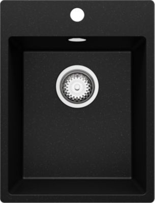 PRIMAGRAN Evier Cuisine en Granit Noir Métallisé 38x50cm, Lavabo 1 bac + Kit de Vidage, Évier à Encastrer au meuble 40cm - Riga