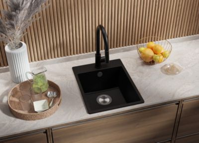 PRIMAGRAN Evier Cuisine en Granit Noir Métallisé 38x50cm, Lavabo 1 bac + Kit de Vidage, Évier à Encastrer au meuble 40cm - Riga