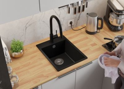 PRIMAGRAN Evier Cuisine en Granit Noir Métallisé 38x50cm, Lavabo 1 bac + Kit de Vidage, Évier à Encastrer au meuble 40cm - Riga