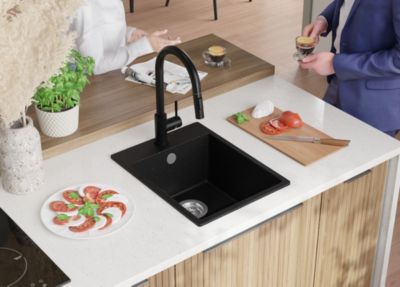 PRIMAGRAN Evier Cuisine en Granit Noir Métallisé 38x50cm, Lavabo 1 bac + Kit de Vidage, Évier à Encastrer au meuble 40cm - Riga