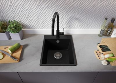 PRIMAGRAN Evier Cuisine en Granit Noir Métallisé 38x50cm, Lavabo 1 bac + Kit de Vidage, Évier à Encastrer au meuble 40cm - Riga