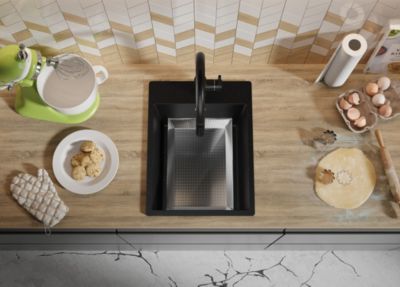 PRIMAGRAN Evier Cuisine en Granit Noir Métallisé 38x50cm, Lavabo 1 bac + Kit de Vidage, Évier à Encastrer au meuble 40cm - Riga