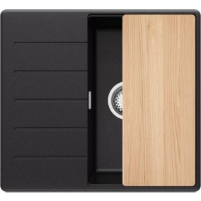 PRIMAGRAN Evier Cuisine en Granit Noir Métallisé 55x50cm, 1 bac + Kit de Vidage + Accessoires, Évier au meuble 40cm - Copenhague