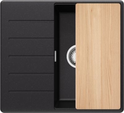PRIMAGRAN Evier Cuisine en Granit Noir Métallisé 55x50cm, Lavabo 1 bac + Accessoires, Évier à Encastrer au meuble 40cm