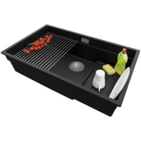 PRIMAGRAN Evier Cuisine en Granit Noir Métallisé 76x47cm, 1 bac + Kit de Vidage, Évier au meuble 80cm - Prague Slim