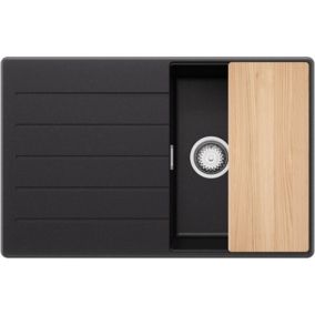PRIMAGRAN Evier Cuisine en Granit Noir Métallisé 78x50cm, 1 bac + Kit de Vidage + Accessoires, Évier au meuble 45cm - Copenhague