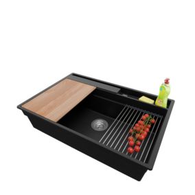 PRIMAGRAN Evier Cuisine en Granit Noir Métallisé 78x53cm, 1 bac + Kit de Vidage, Évier au meuble 80cm - Oslo Pocket