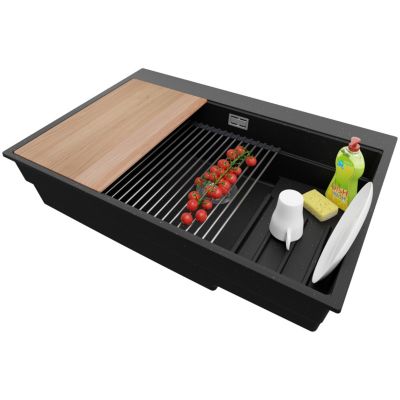 PRIMAGRAN Evier Cuisine en Granit Noir Métallisé 78x53cm, Lavabo 1 bac + Accessoires, Évier à Encastrer au meuble 80cm
