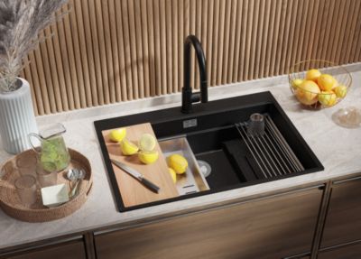 PRIMAGRAN Evier Cuisine en Granit Noir Métallisé 78x53cm, Lavabo 1 bac + Accessoires, Évier à Encastrer au meuble 80cm