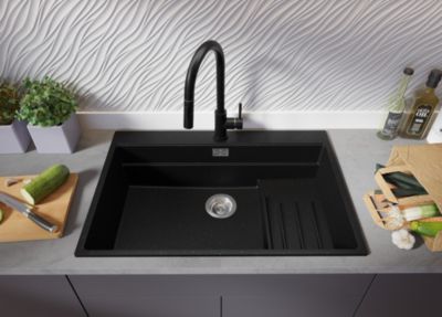 PRIMAGRAN Evier Cuisine en Granit Noir Métallisé 78x53cm, Lavabo 1 bac + Accessoires, Évier à Encastrer au meuble 80cm