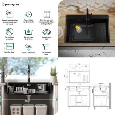 PRIMAGRAN Evier Cuisine en Granit Noir Métallisé 78x53cm, Lavabo 1 bac + Accessoires, Évier à Encastrer au meuble 80cm