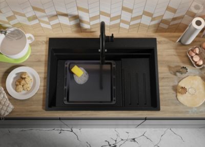 PRIMAGRAN Evier Cuisine en Granit Noir Métallisé 78x53cm, Lavabo 1 bac + Accessoires, Évier à Encastrer au meuble 80cm