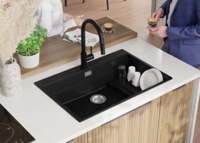PRIMAGRAN Evier Cuisine en Granit Noir Métallisé 78x53cm, Lavabo 1 bac + Accessoires, Évier à Encastrer au meuble 80cm