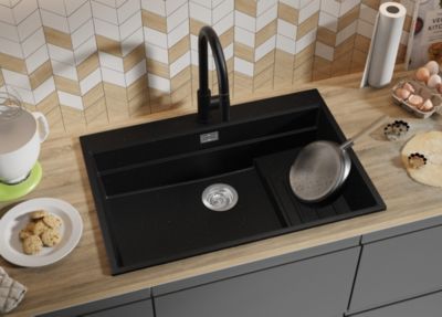 PRIMAGRAN Evier Cuisine en Granit Noir Métallisé 78x53cm, Lavabo 1 bac + Accessoires, Évier à Encastrer au meuble 80cm