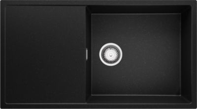 PRIMAGRAN Evier Cuisine en Granit Noir Métallisé 90x50cm, Lavabo 1 bac + Kit de Vidage, Évier à Encastrer au meuble 60cm - Ibiza