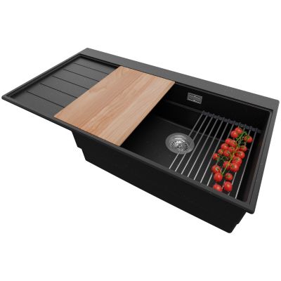 PRIMAGRAN Evier Cuisine en Granit Noir Métallisé 90x50cm, Lavabo 1 bac + Kit de Vidage, Évier à Encastrer au meuble 60cm - Sydney