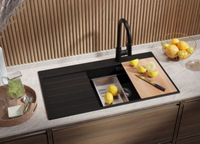 PRIMAGRAN Evier Cuisine en Granit Noir Métallisé 90x50cm, Lavabo 1 bac + Kit de Vidage, Évier à Encastrer au meuble 60cm - Sydney