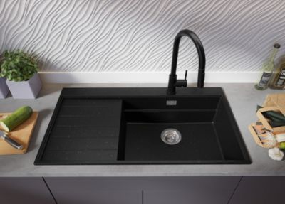 PRIMAGRAN Evier Cuisine en Granit Noir Métallisé 90x50cm, Lavabo 1 bac + Kit de Vidage, Évier à Encastrer au meuble 60cm - Sydney