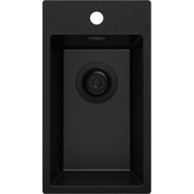 PRIMAGRAN Evier Cuisine en Granit Tout 28x50cm, Lavabo + Kit de Vidage, Évier à Encastrer au meuble 30cm - Riga, Noir