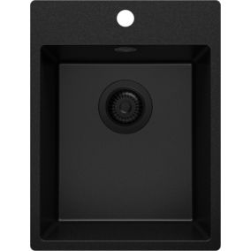PRIMAGRAN Evier Cuisine en Granit Tout 38x50cm, Lavabo + Kit de Vidage, Évier à Encastrer au meuble 40cm - Riga, Noir
