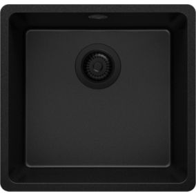 PRIMAGRAN Evier Cuisine en Granit Tout 46x44cm, Lavabo + Kit de Vidage, Évier à Encastrer au meuble 50cm - Venise Slim Easy, Noir