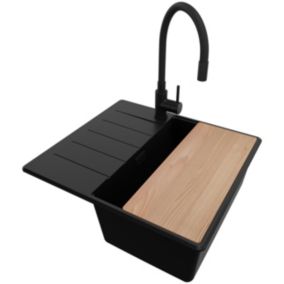 PRIMAGRAN Evier Cuisine en Granit Tout 55x50cm, Lavabo + Kit de Vidage + Robinet 40x13cm, Évier au meuble 40cm - Copenhague, Noir