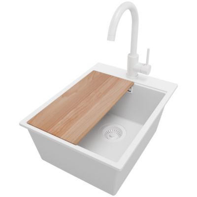 PRIMAGRAN Evier Cuisine en Granit Tout Blanc 38x50cm, Lavabo 1 bac + Accessoires, Évier à Encastrer au meuble 40cm