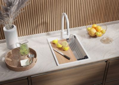 PRIMAGRAN Evier Cuisine en Granit Tout Blanc 38x50cm, Lavabo 1 bac + Accessoires, Évier à Encastrer au meuble 40cm