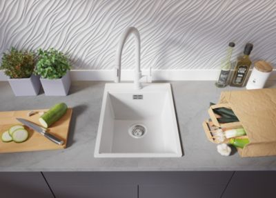 PRIMAGRAN Evier Cuisine en Granit Tout Blanc 38x50cm, Lavabo 1 bac + Accessoires, Évier à Encastrer au meuble 40cm