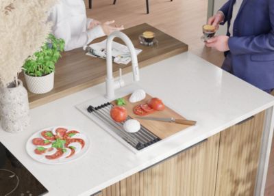PRIMAGRAN Evier Cuisine en Granit Tout Blanc 38x50cm, Lavabo 1 bac + Accessoires, Évier à Encastrer au meuble 40cm
