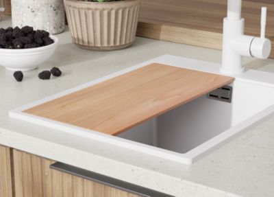 PRIMAGRAN Evier Cuisine en Granit Tout Blanc 38x50cm, Lavabo 1 bac + Accessoires, Évier à Encastrer au meuble 40cm