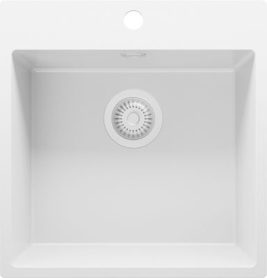 PRIMAGRAN Evier Cuisine en Granit Tout Blanc 48x50cm, Lavabo 1 bac + Kit de Vidage, Évier à Encastrer au meuble 50cm - Riga