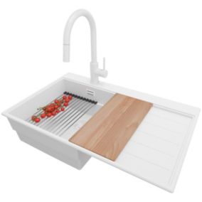 PRIMAGRAN Evier Cuisine en Granit Tout Blanc 78x50cm, 1 bac + Kit de Vidage + Robinet 40x22cm, Évier au meuble 45cm - Sydney