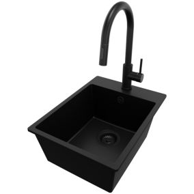 PRIMAGRAN Evier Cuisine en Granit Tout Noir 38x50cm, 1 bac + Kit de Vidage + Robinet 40x22cm, Évier au meuble 40cm - Riga