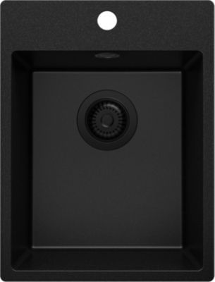 PRIMAGRAN Evier Cuisine en Granit Tout Noir 38x50cm, Lavabo 1 bac + Kit de Vidage, Évier à Encastrer au meuble 40cm - Riga