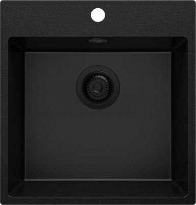 PRIMAGRAN Evier Cuisine en Granit Tout Noir 48x50cm, Lavabo 1 bac + Kit de Vidage, Évier à Encastrer au meuble 50cm - Riga