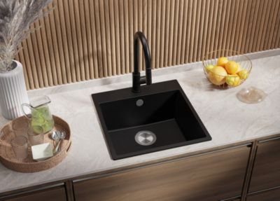 PRIMAGRAN Evier Cuisine en Granit Tout Noir 48x50cm, Lavabo 1 bac + Kit de Vidage, Évier à Encastrer au meuble 50cm - Riga