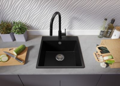 PRIMAGRAN Evier Cuisine en Granit Tout Noir 48x50cm, Lavabo 1 bac + Kit de Vidage, Évier à Encastrer au meuble 50cm - Riga