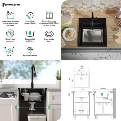 PRIMAGRAN Evier Cuisine en Granit Tout Noir 48x50cm, Lavabo 1 bac + Kit de Vidage, Évier à Encastrer au meuble 50cm - Riga