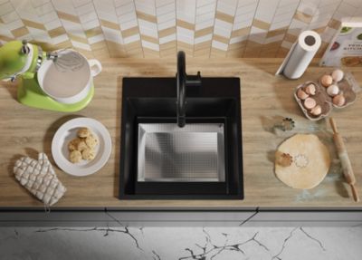 PRIMAGRAN Evier Cuisine en Granit Tout Noir 48x50cm, Lavabo 1 bac + Kit de Vidage, Évier à Encastrer au meuble 50cm - Riga