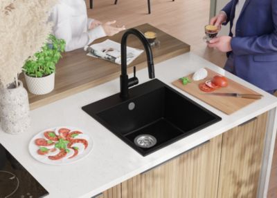 PRIMAGRAN Evier Cuisine en Granit Tout Noir 48x50cm, Lavabo 1 bac + Kit de Vidage, Évier à Encastrer au meuble 50cm - Riga