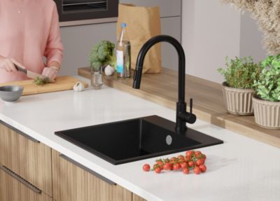 PRIMAGRAN Evier Cuisine en Granit Tout Noir 48x50cm, Lavabo 1 bac + Kit de Vidage, Évier à Encastrer au meuble 50cm - Riga