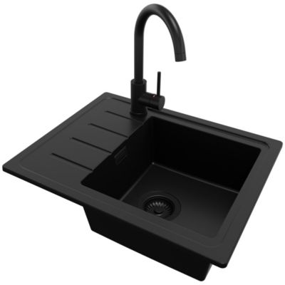 PRIMAGRAN Evier Cuisine en Granit Tout Noir 55x44cm, Lavabo 1 bac + Kit de Vidage + Accessoires, Évier à Encastrer au meuble 45cm